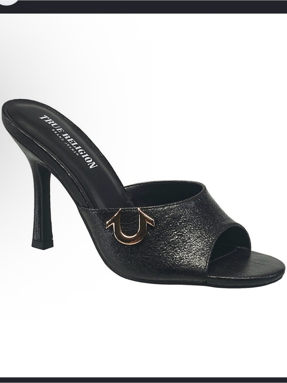 True Religion Sophia’s Black Leather Open-Toe High Heel Mules with Gold Accent